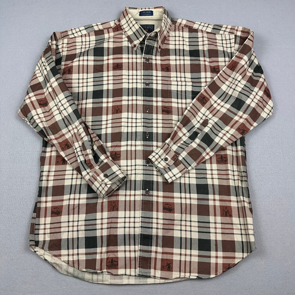 Vintage Chaps Ralph Lauren Shirt Men Large Brown Plaid Fly Fishing Button Up L